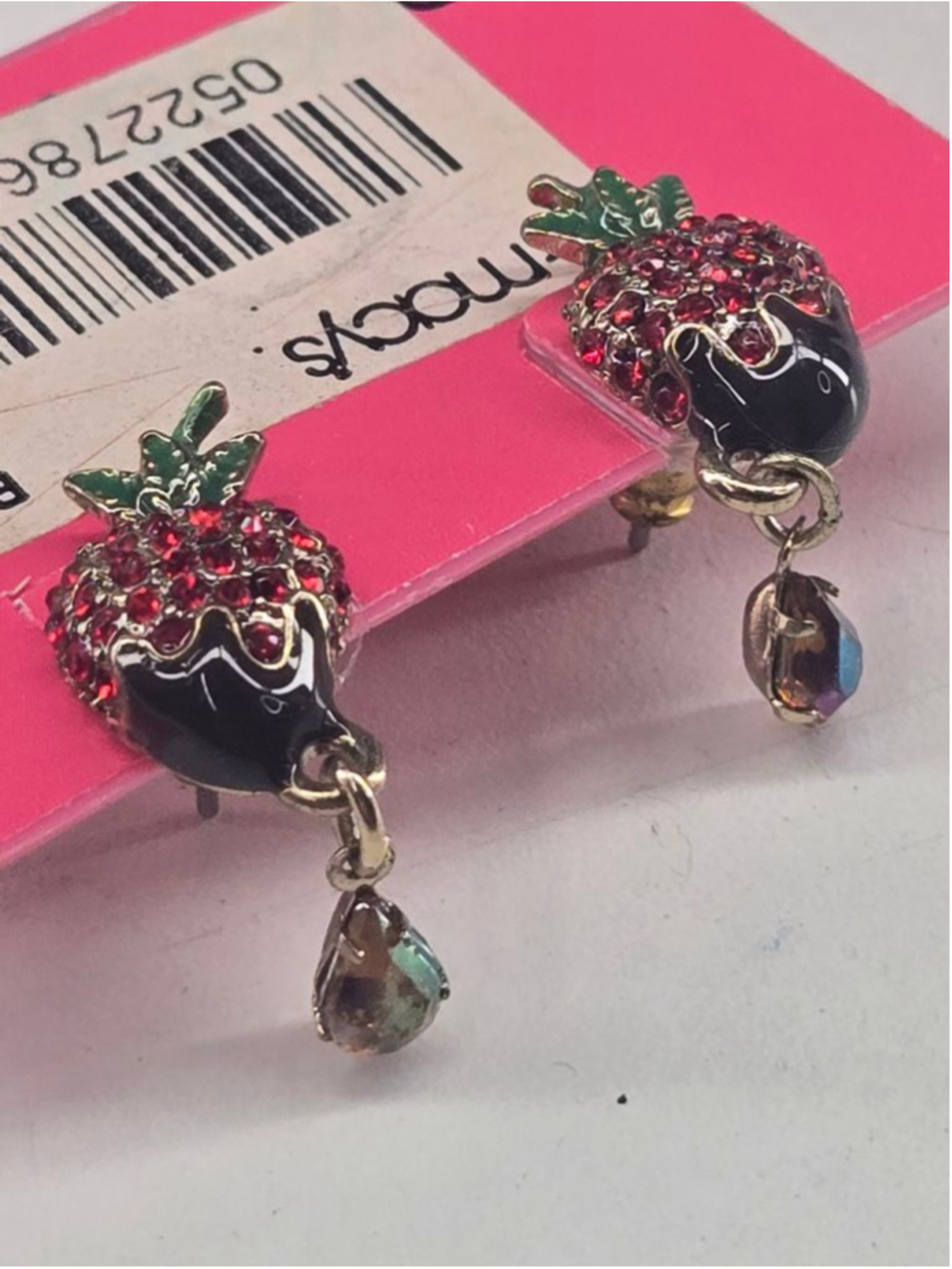 NWT Betsey Johnson Earrings Chocolate Dipped Strawberry Post Dangle Red Crystal - Picture 8 of 8